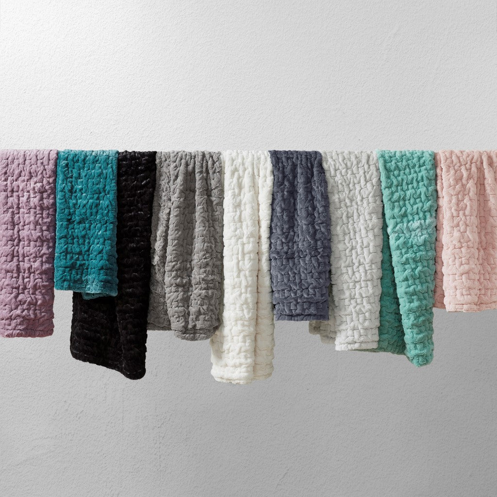 Ruched Faux Fur Throw Blanket Plush Textured Soft Cozy Sofa or Bed Accent