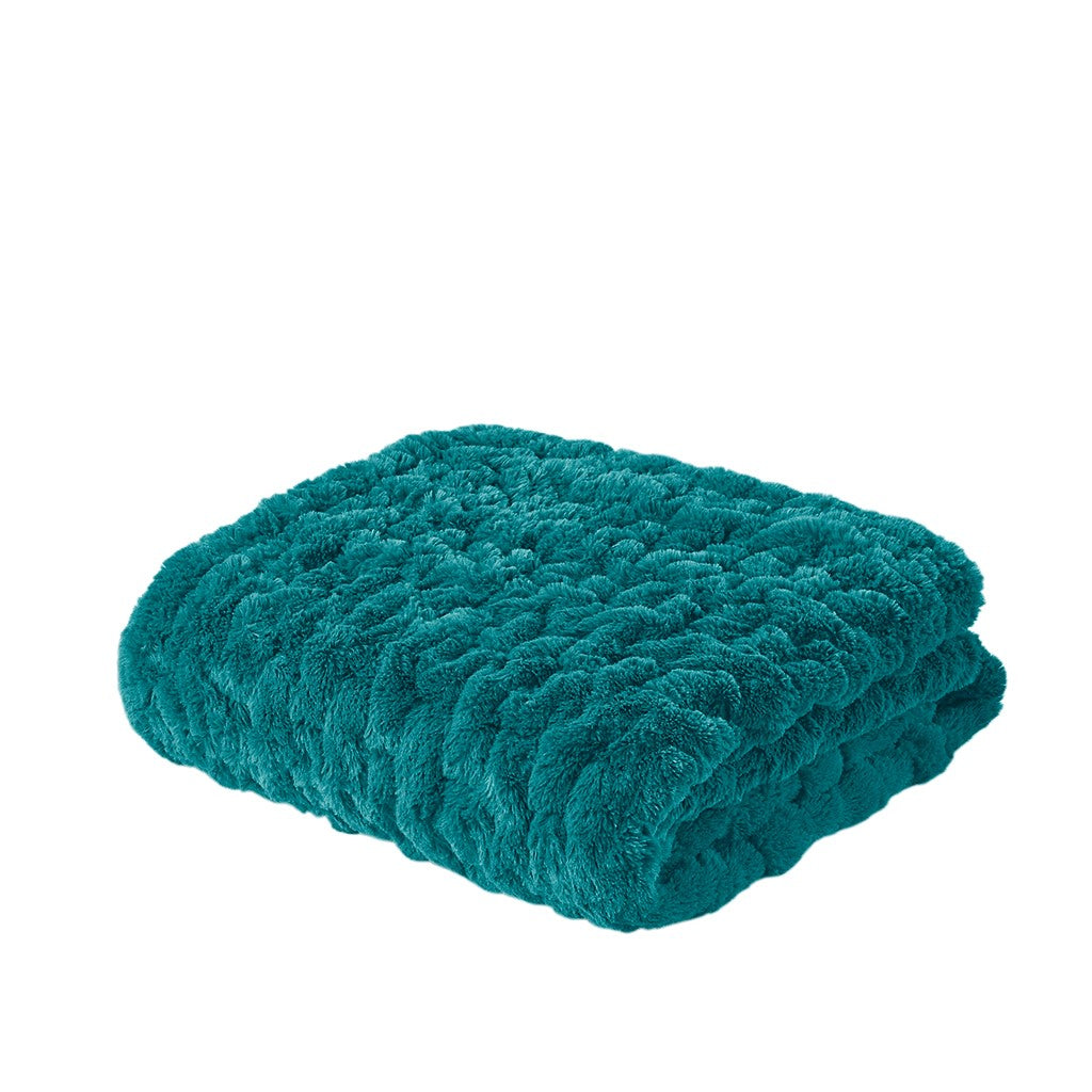 Ruched Faux Fur Throw Blanket Plush Textured Soft Cozy Sofa or Bed Accent