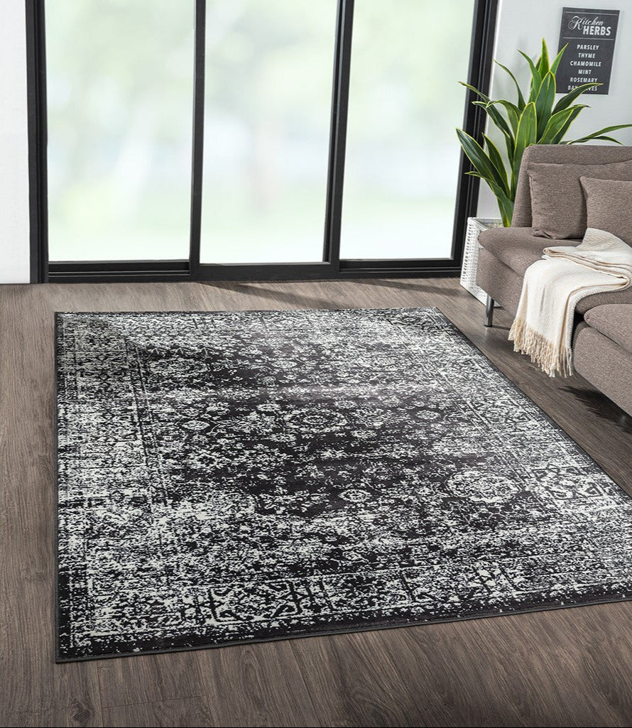 Black and White Distressed Vintage Area Rug Floral Pattern Modern Living Room Soft Floor Carpet