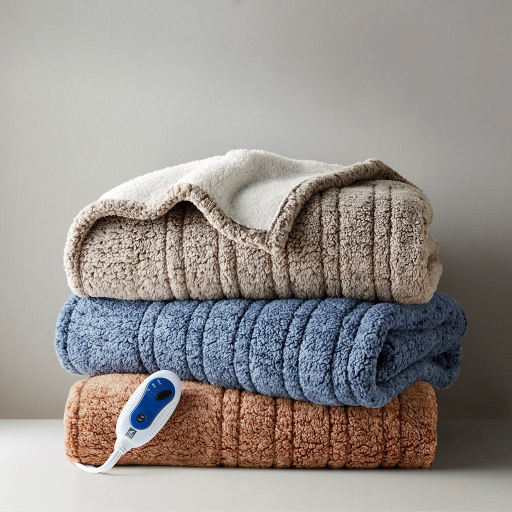 Marbled Sherpa Heated Throw Blanket Plush Reversible Cozy Electric Warming Cover