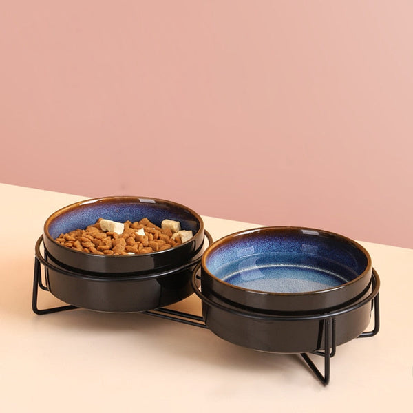 Indigo Ceramic Pet Bowl with Iron Stand