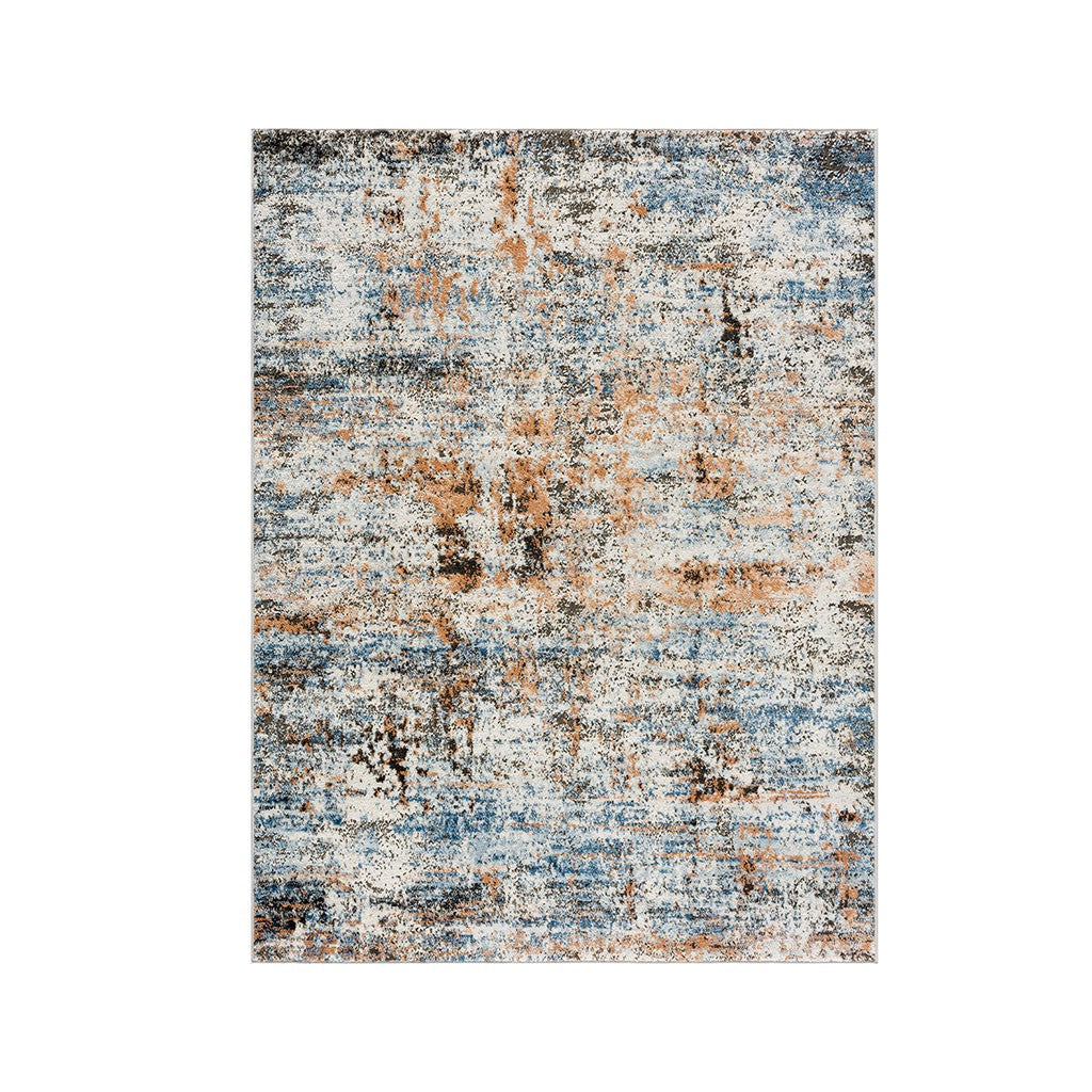 Abstract Blue and Rust Area Rug Distressed Modern Pattern Contemporary Living Room Accent Carpet