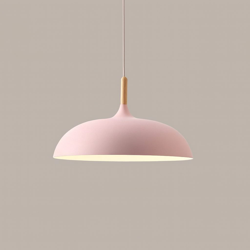 pink metal pendant light with wood detail – flat sphere shape