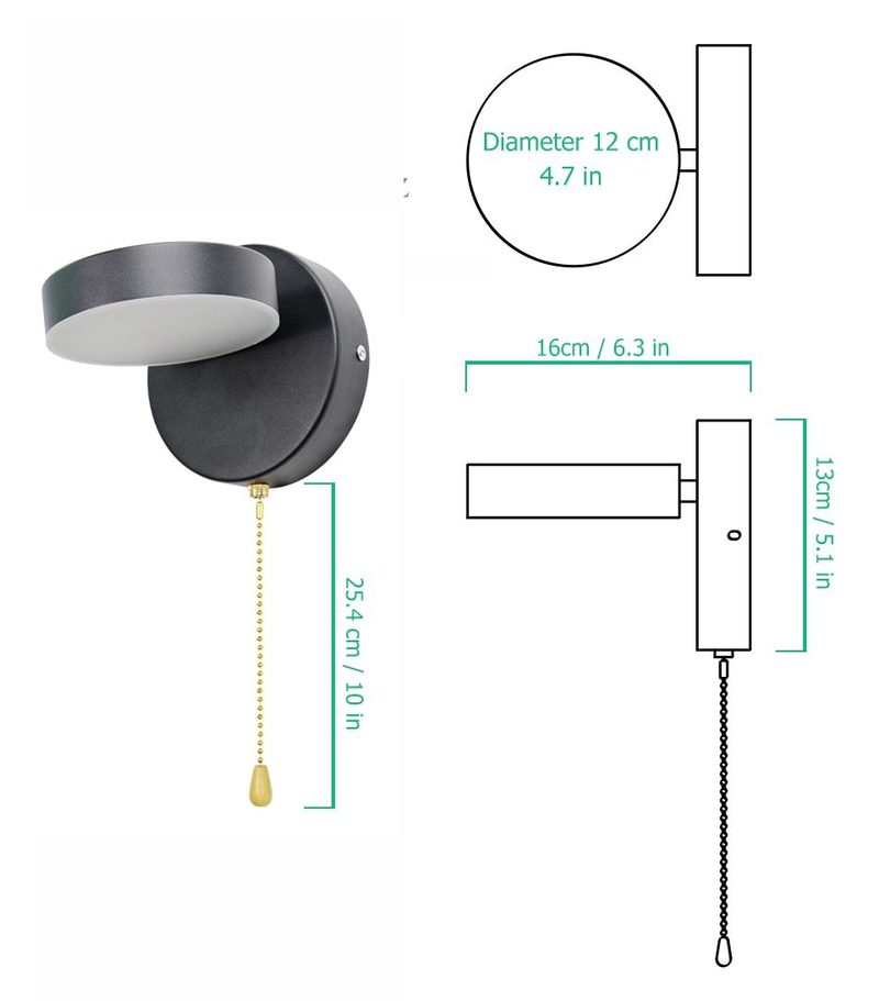 black Disk Rotate Metal LED Wall Lamp with Pull Chain