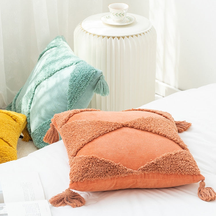 square velvet corduroy textured colorful pillow cover with tassel