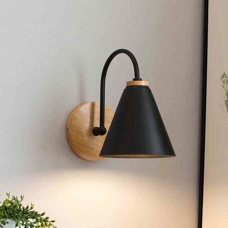 wooden iron cone lampshade black wall lamp
