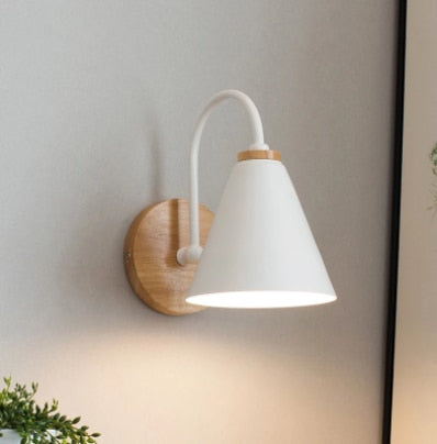 wooden iron cone lampshade white wall lamp