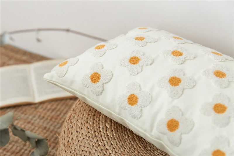 rectangle daisy flower embroidered white pillow