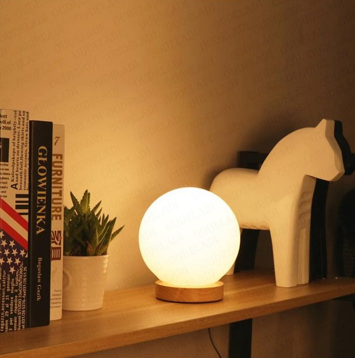 Round Glass Round Base Wooden Table Lamp