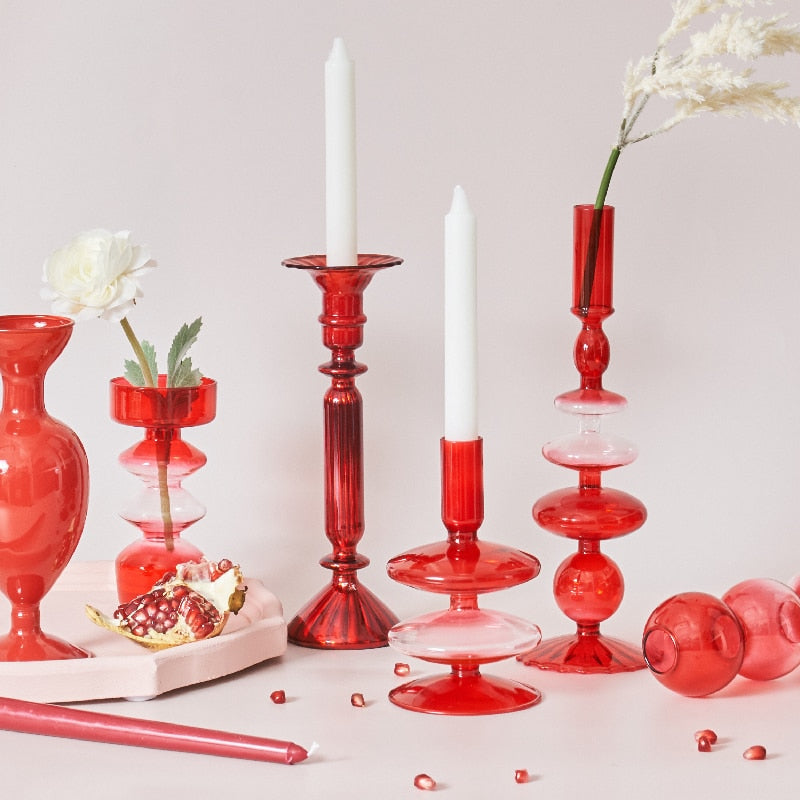 Candle Holder in Creative Design Red Glass for Table Decoration and Home Decoration 