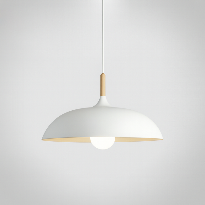 white pastel metal pendant light with wood detail – flat sphere shape