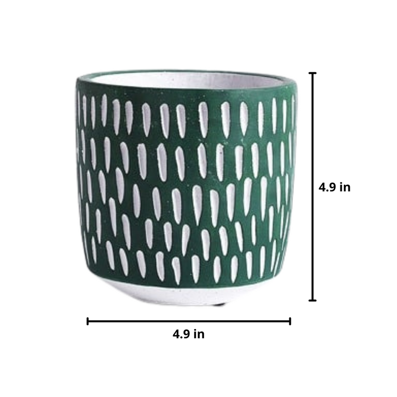 Round Chrome Plated Cement Minimalist Line Pattern Design Flower Pot With Holes Green