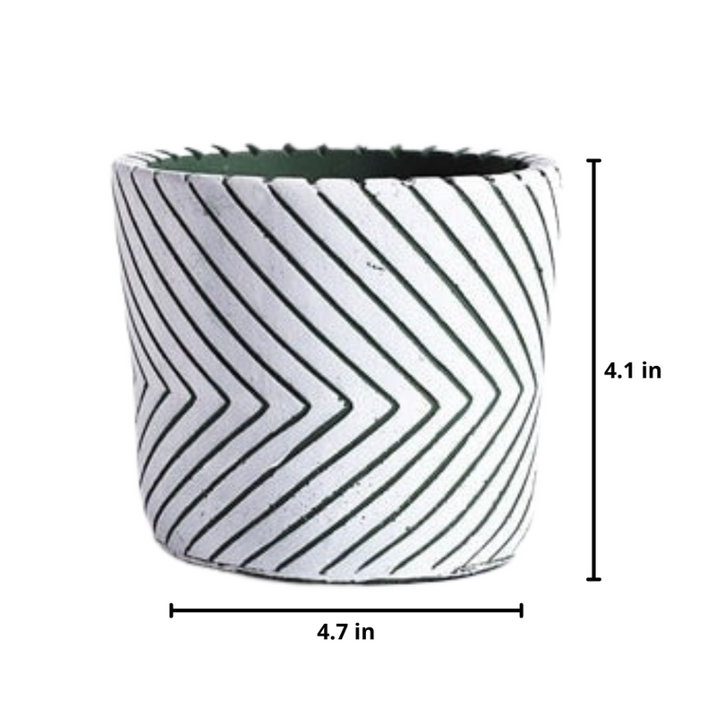 Round Chrome Plated Cement Minimalist Line Pattern Design Flower Pot With Holes White