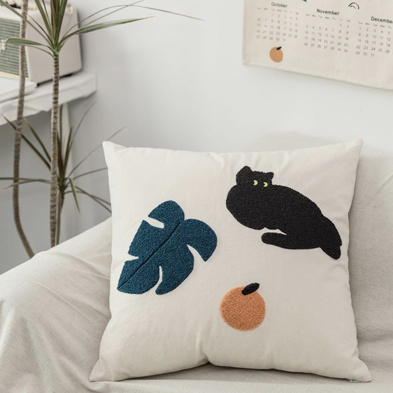 Textured Cat and Flower Pillow Covers for Room Office Modern Boho Decor Leaf