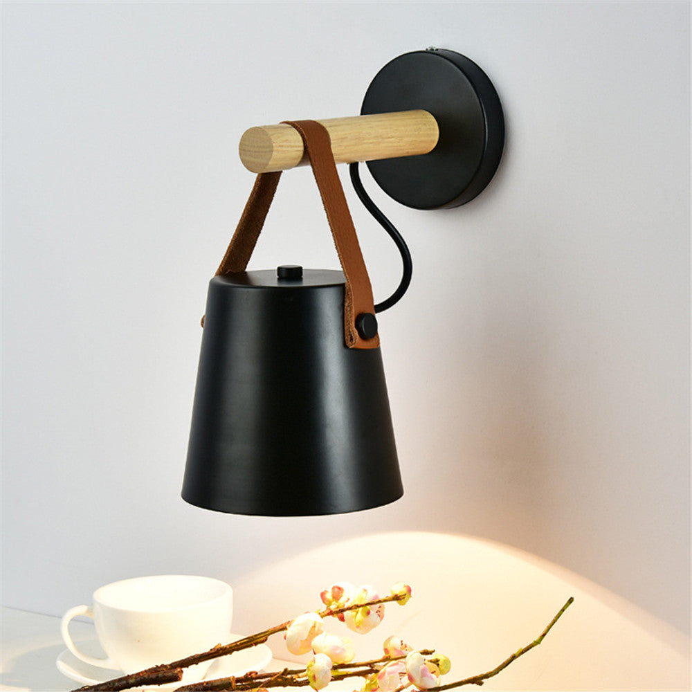Modern Wood & Metal Wall Sconce with Faux Leather Strap