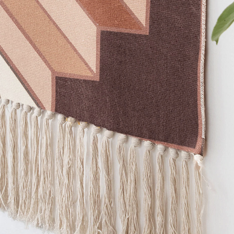 Wall Hanging tapestry with geometric designs, made of Woven cotton with tassel fringe and wooden hanging dowel