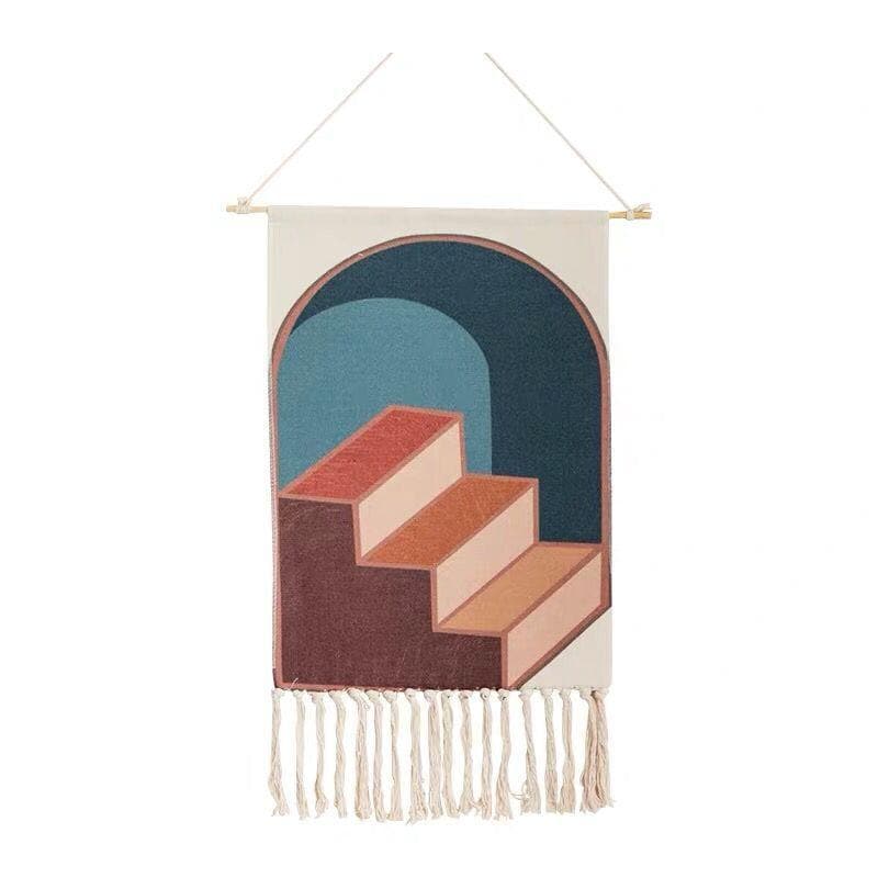 Wall Hanging tapestry with geometric designs, made of Woven cotton with tassel fringe and wooden hanging dowel