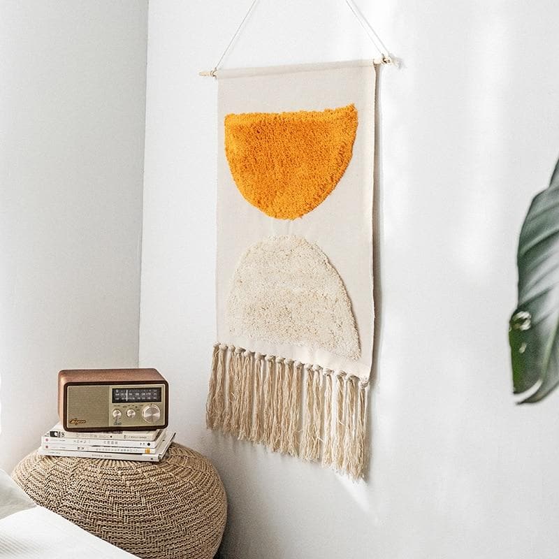 Wall Hanging tapestry with geometric designs, made of Woven cotton with tassel fringe and wooden hanging dowel