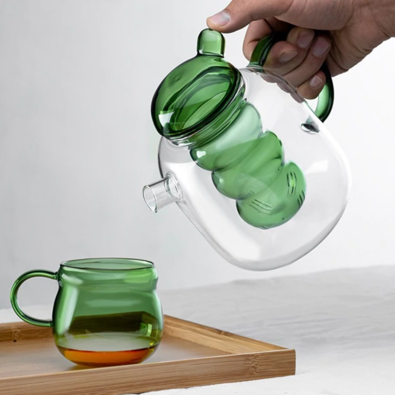 Drinkware Kettle Glass with Teapot and Teacup Colored Glass Fun Shape