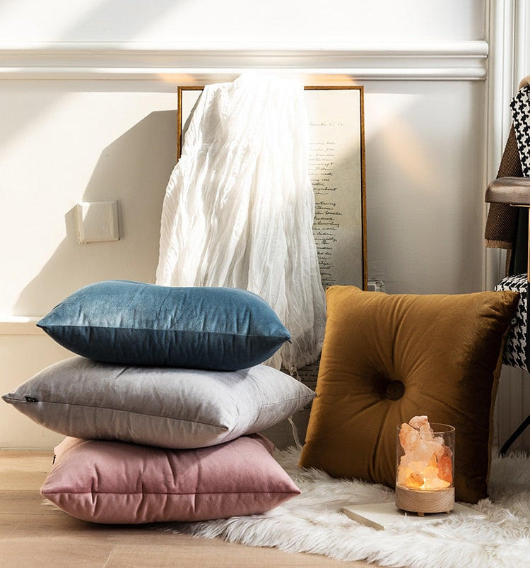 square colorful  buttoned center velvet cushion pillow