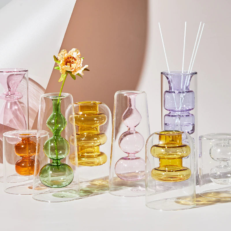 Glass Colorful Flower Vase with Modern Shapes and Morandi Style