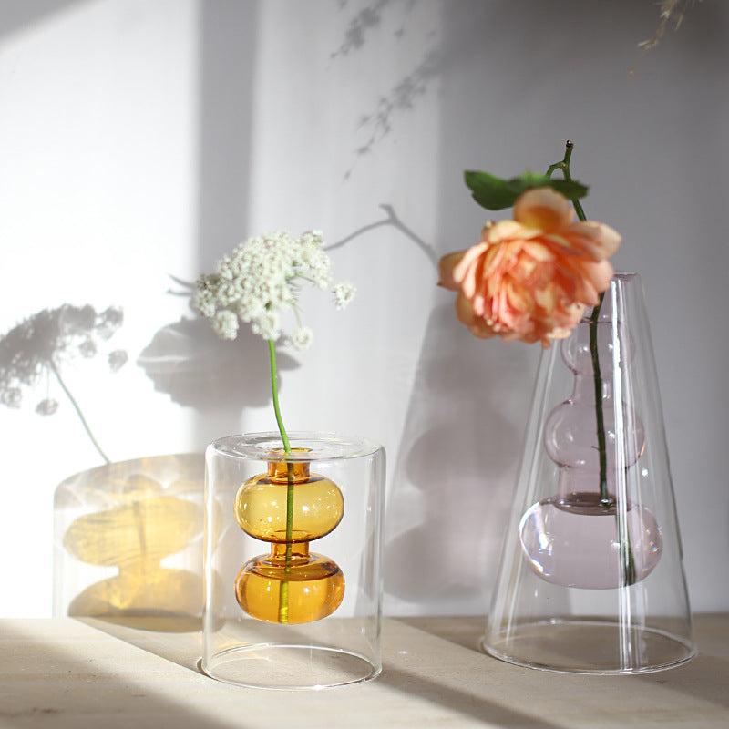 Glass Colorful Flower Vase with Modern Shapes and Morandi Style