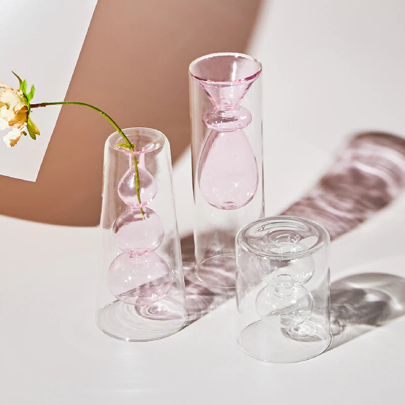 Glass Colorful Flower Vase with Modern Shapes and Morandi Style