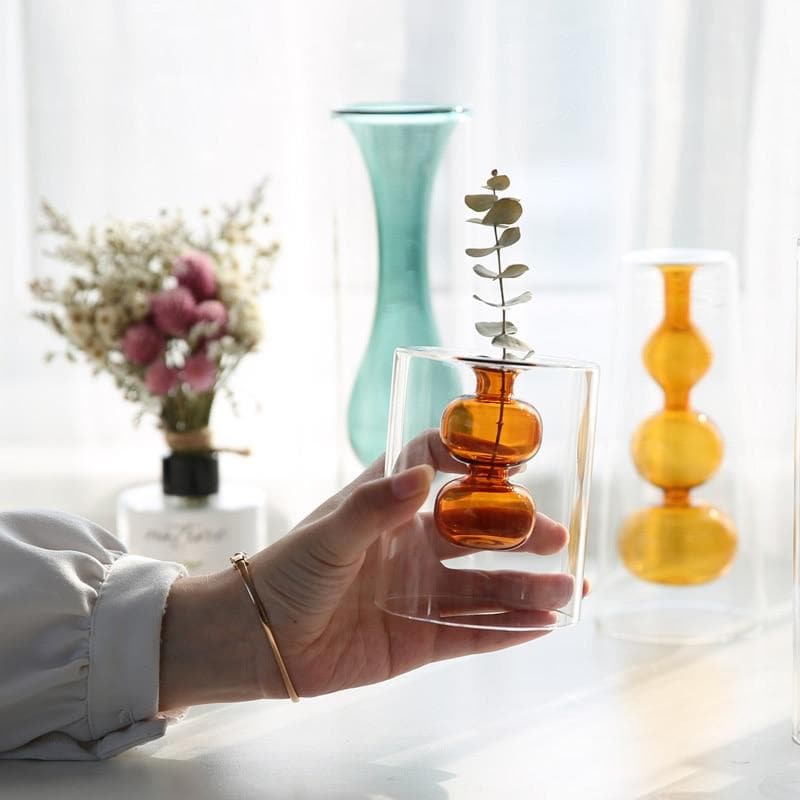 Glass Colorful Flower Vase with Modern Shapes and Morandi Style 
