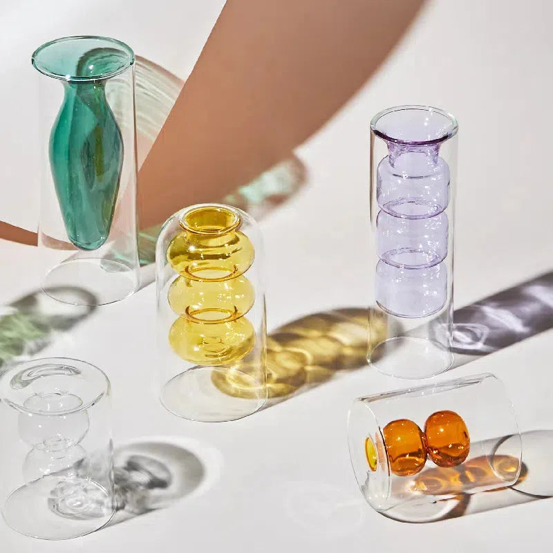 Glass Colorful Flower Vase with Modern Shapes and Morandi Style