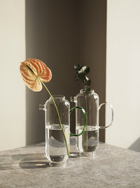 tall round clear glass pitcher with green handle and cup with green base