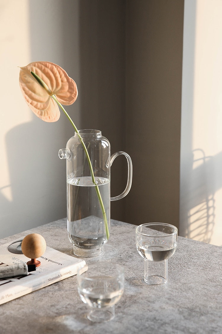 tall round clear glass pitcher  and cup 
