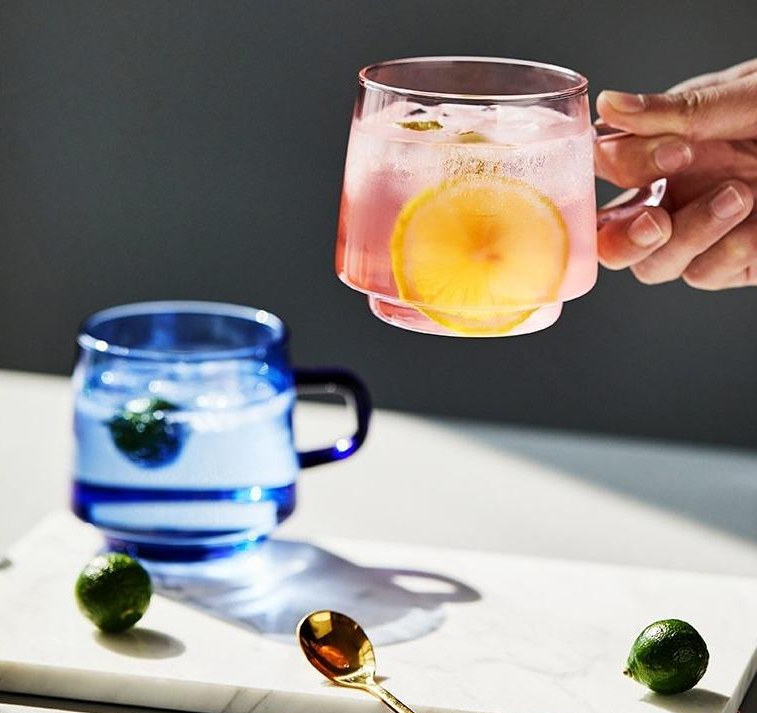 blue pink glass tea cup