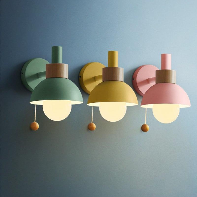 Colored Globe Wood & Metal Wall Sconce matte painted aluminum 15cm shade natural wood accents pull chain switch