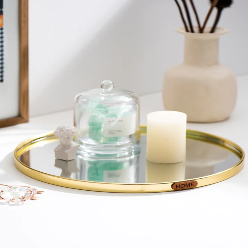 Decorative Accents Metal Glass Jewelry Display Plate Geometric Mirror Tray