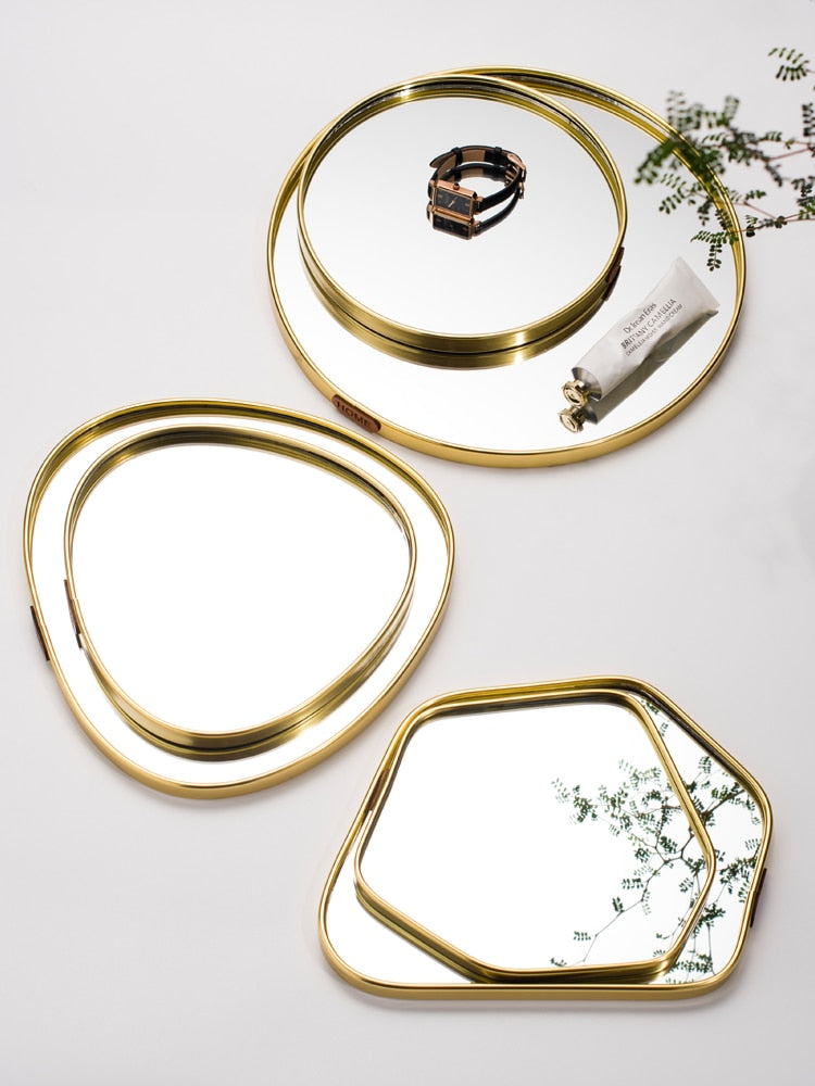 Decorative Accents Metal Glass Jewelry Display Plate Geometric Mirror Tray