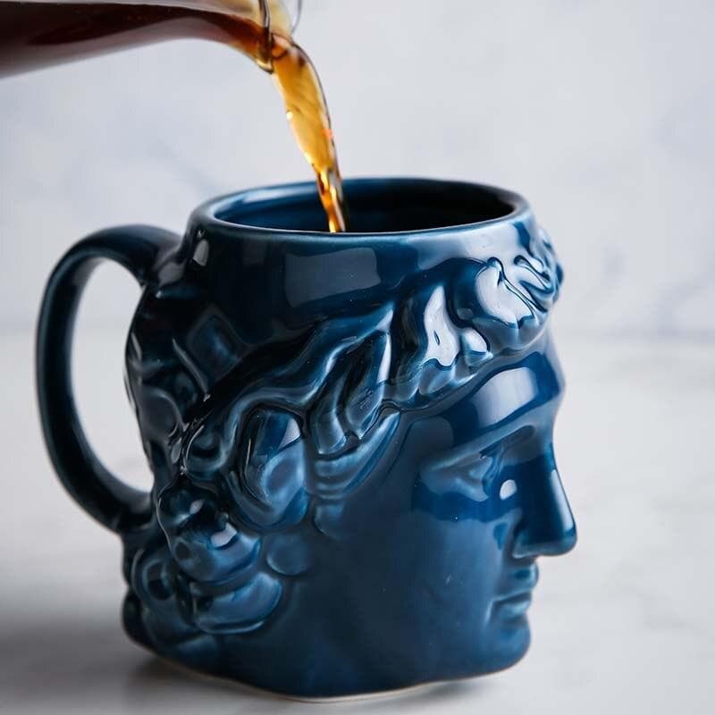 New 1Pcs 580mL 3D Style David Sculpture Ceramic Mug Coffee Tea Milk Drinking Cups with Handle Coffee Mug for Office Novelty Gift blue