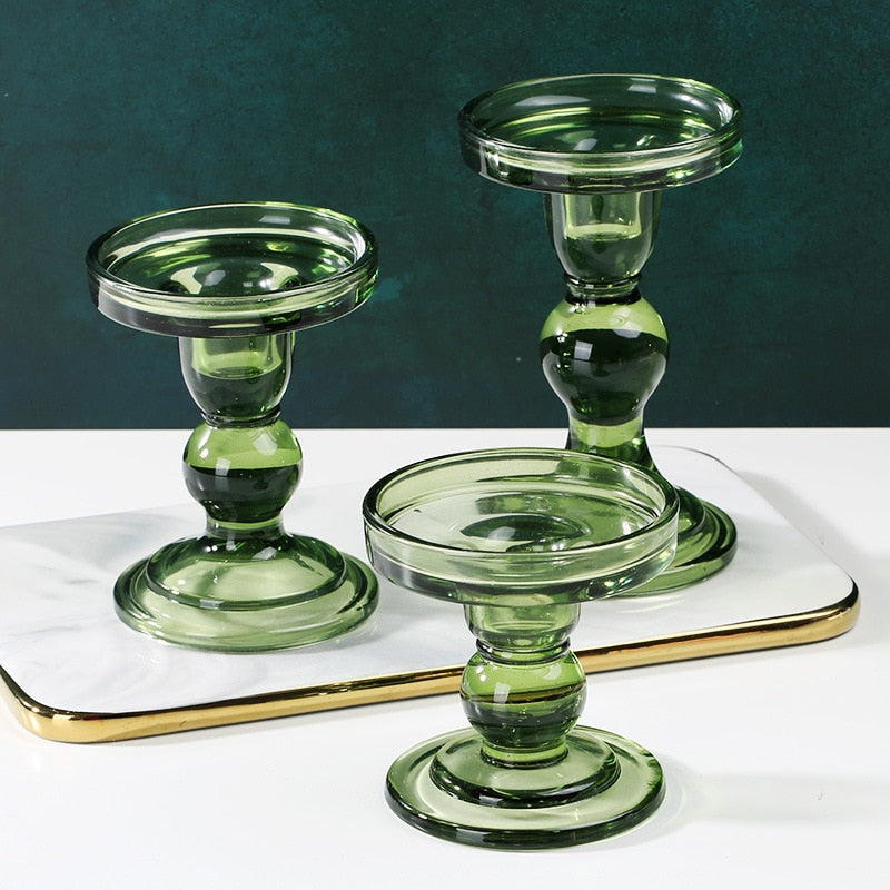 round abstract curve glass green candle holder