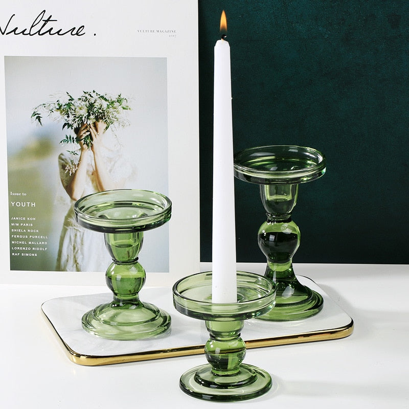 round abstract curve glass green candle holder