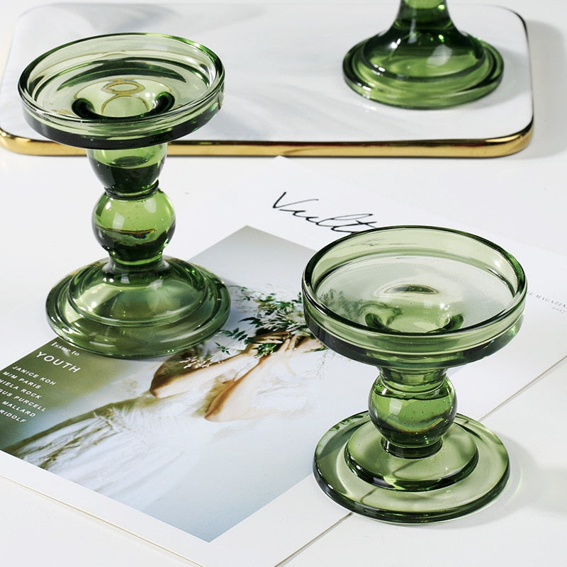 round abstract curve glass green candle holder