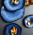 abstract rough edges cat-eye pattern blue glazed ceramic plate