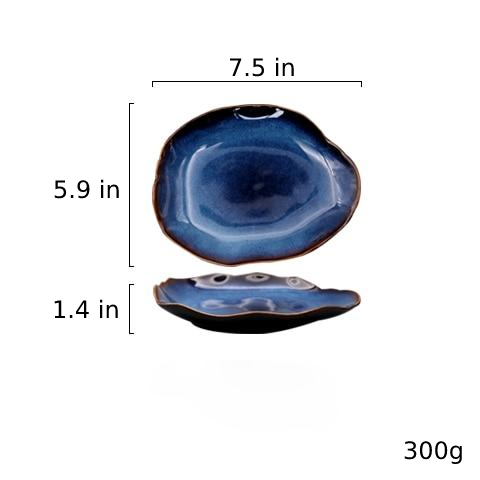 abstract rough edges cat-eye pattern blue glazed ceramic plate