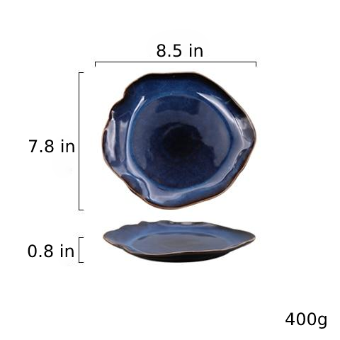abstract rough edges cat-eye pattern blue glazed ceramic plate