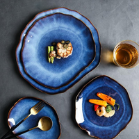 abstract rough edges cat-eye pattern blue glazed ceramic plate