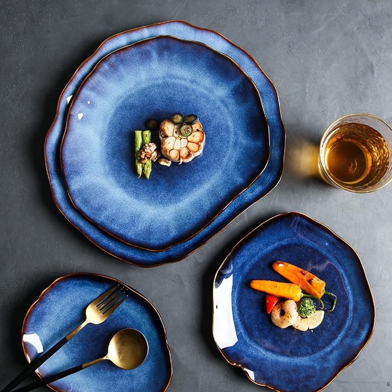 abstract rough edges cat-eye pattern blue glazed ceramic plate