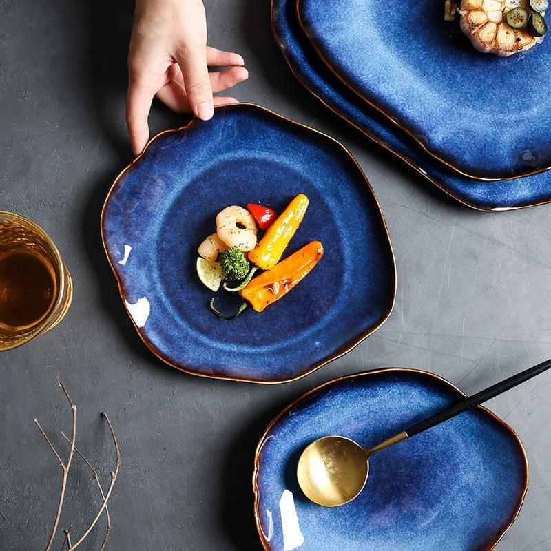 abstract rough edges cat-eye pattern blue glazed ceramic plate