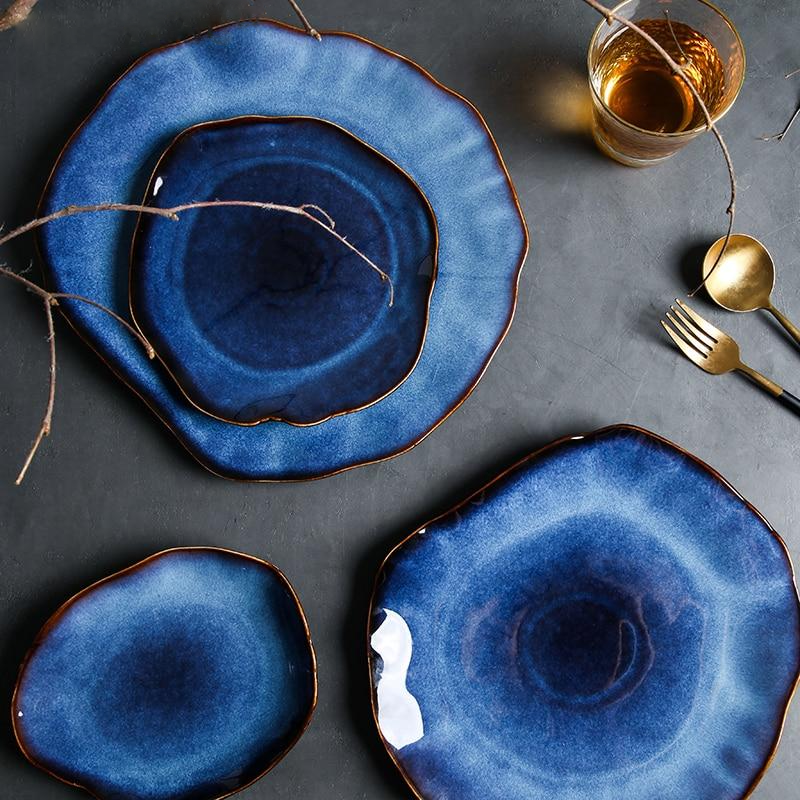 abstract rough edges cat-eye pattern blue glazed ceramic plate