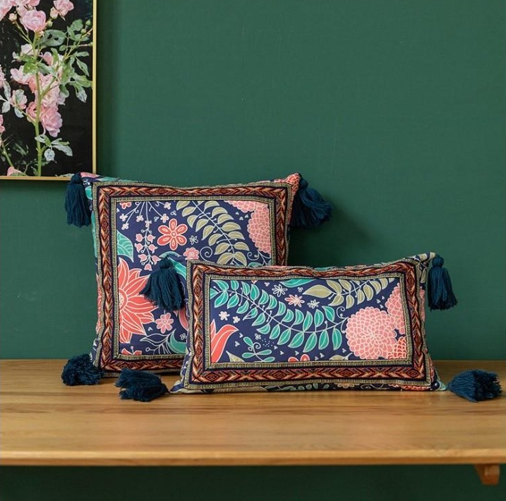 square rectangle velvet cloth printed vintage red pattern with tassels cushion cover
