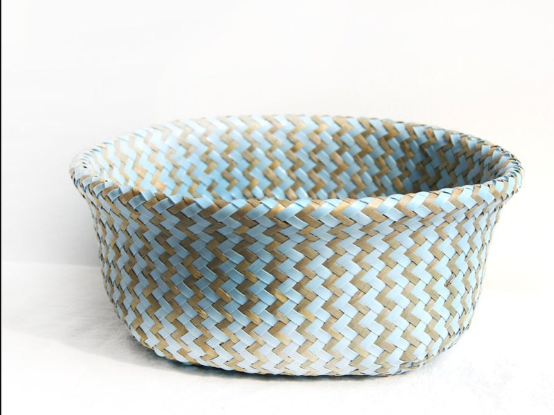 Folded Wicker Bamboo Blue Brown Basket