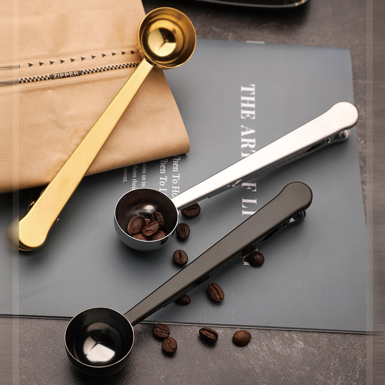 Stainless Steel Multifunctional Coffee Spoon and Sealing Clip Silver Gold Black 