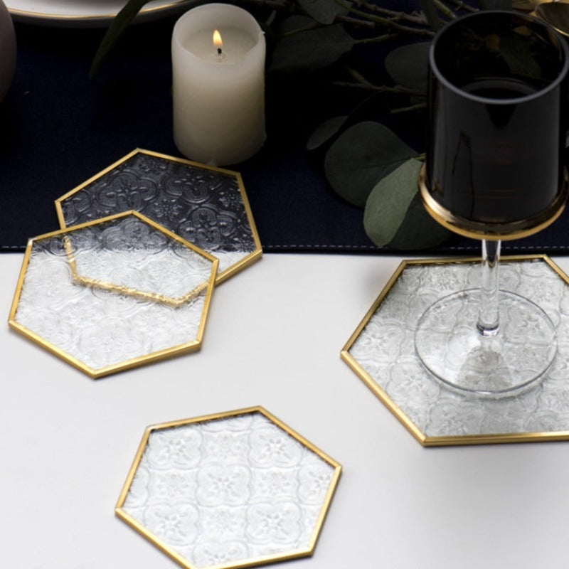 Embossed Glass. Gold Framed Coasters